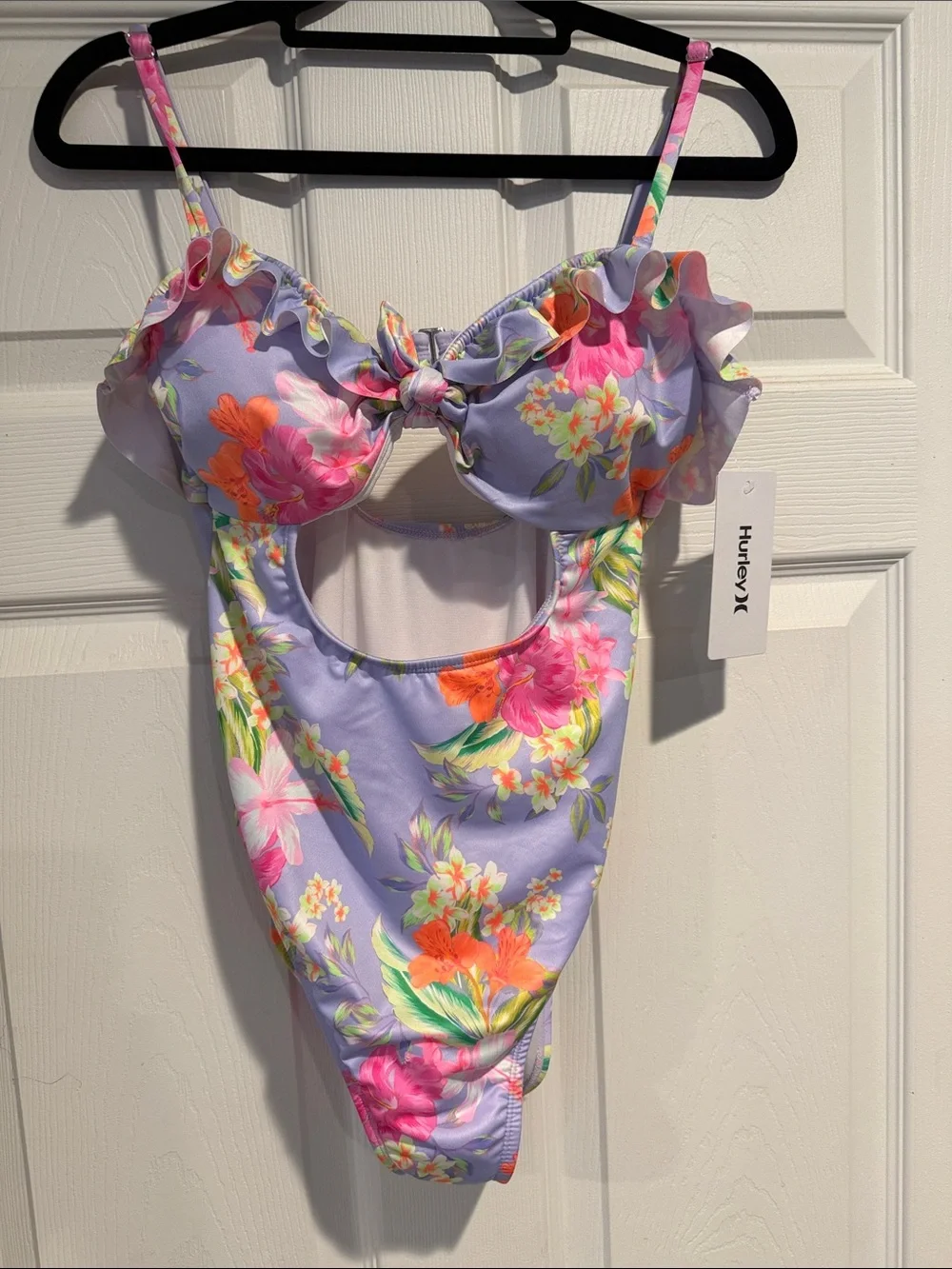 Hurley Lavender Floral Ruffle One-Piece Swimsuit with Pink & Orange Blooms